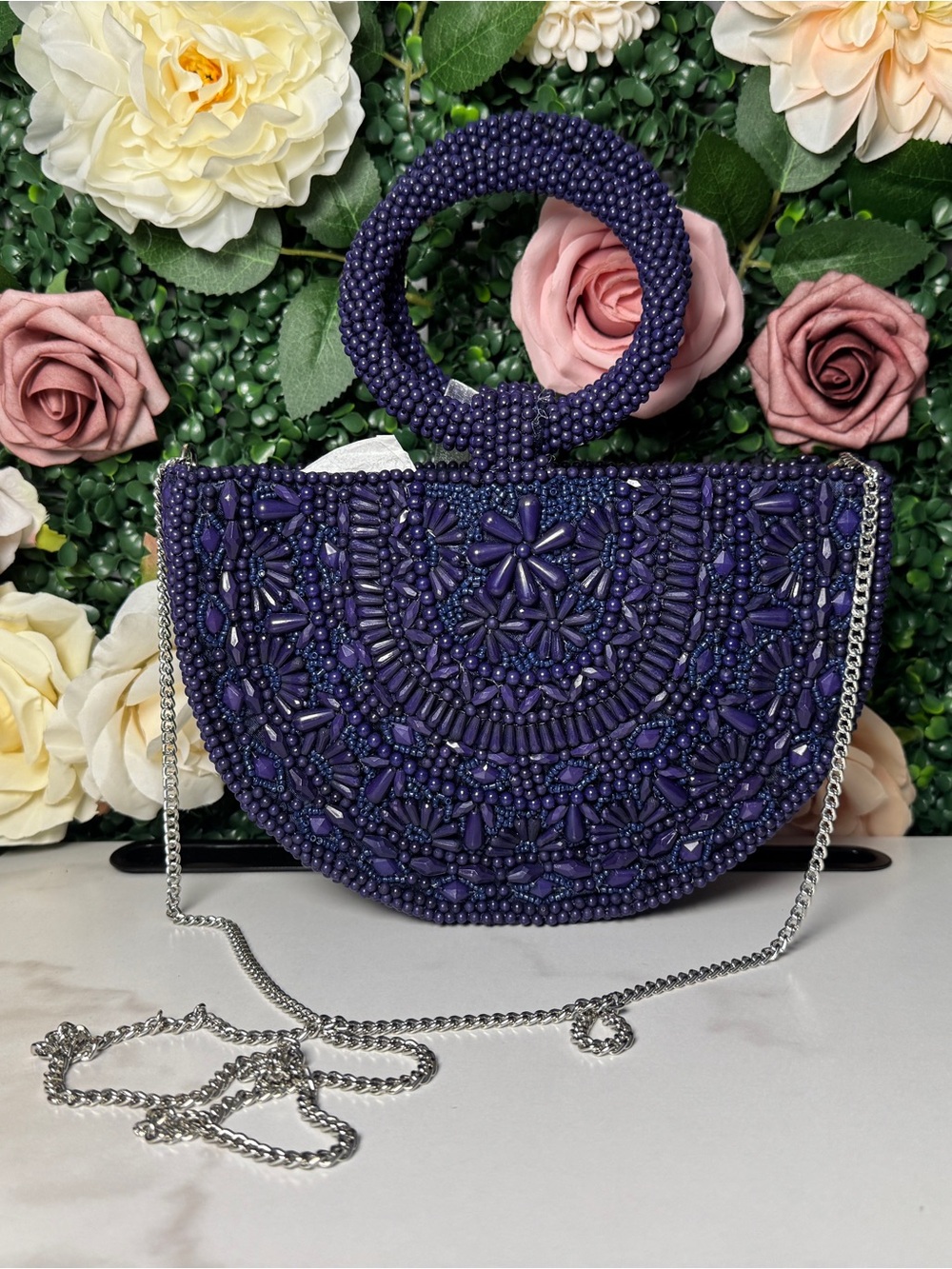 Handcrafted In India Beaded Purple Half-Moon Bag with Circular Top Handle
